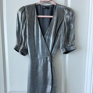 ZARA Metallic Silver Wrap Dress – Puff Sleeves